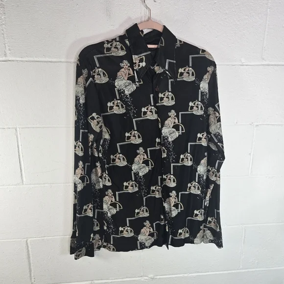 Vtg 70s Art Deco Woman Black Nylon Long Sleeve Shirt - Picture 7 of 8